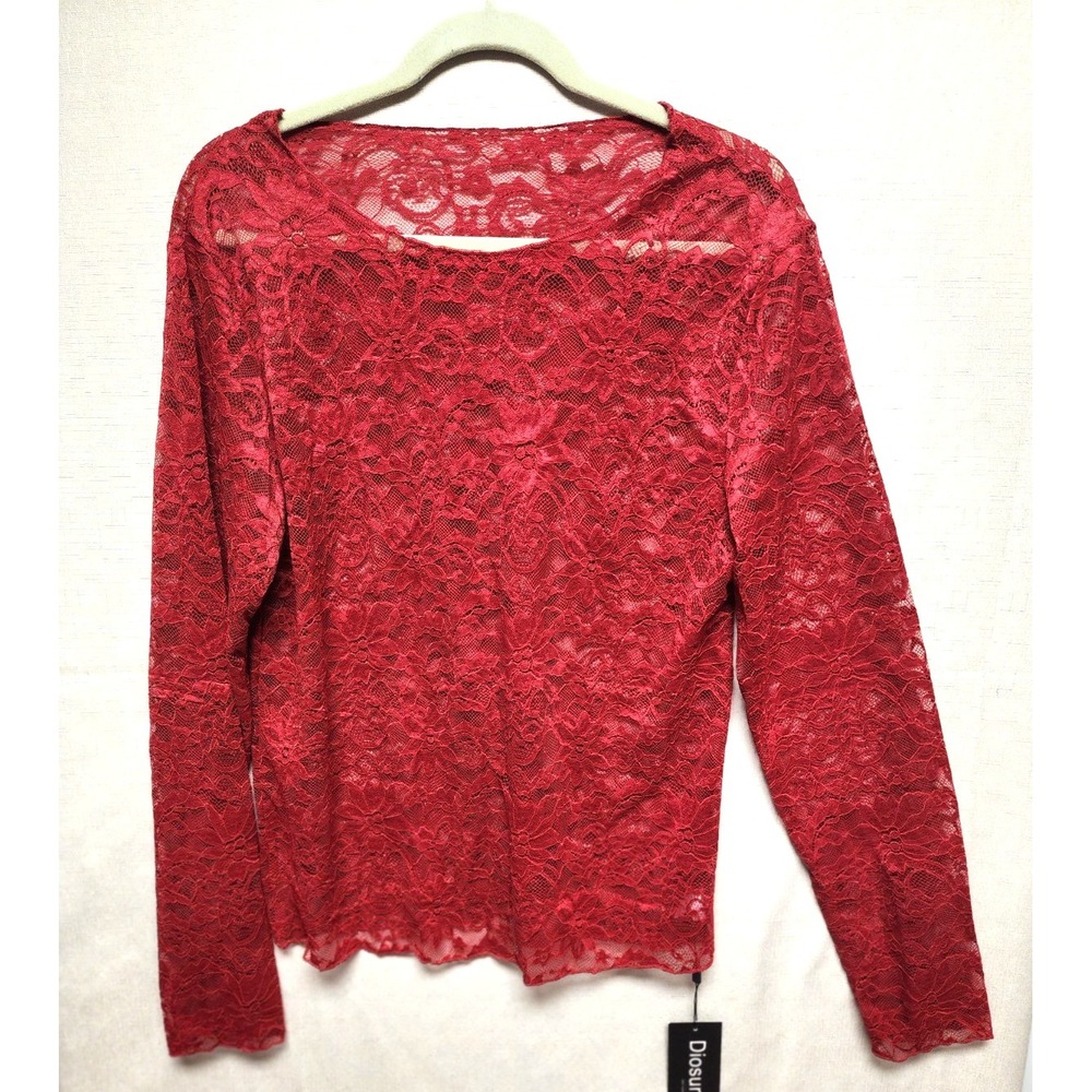 Diosun Sheer Red Floral Lace Long Sleeve Blouse Size 2XL ‎ NWT